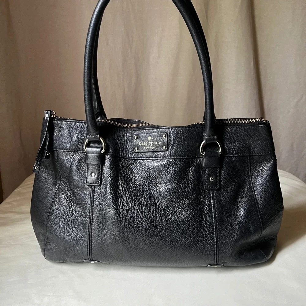 Kate Spade New York Black Pebbled Leather Large Shoulder Tote Bag Zip Top